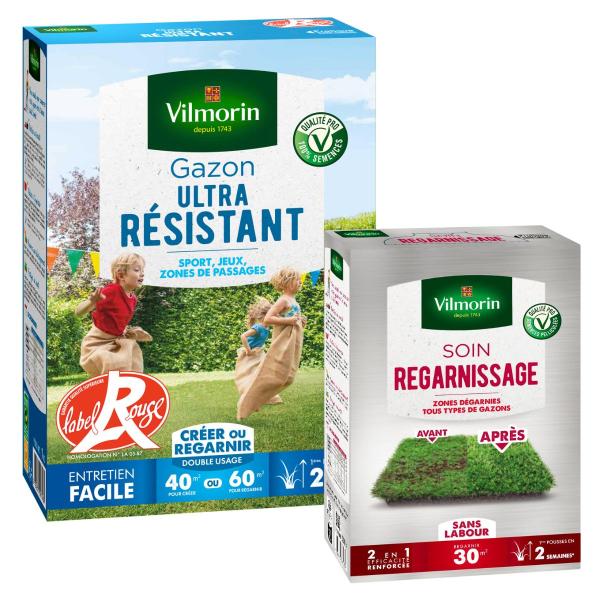 Ultra résistant - Gazon Ultra Résistant - Label Rouge - 1 kg + Soin Regarnissage Universel 2 en 1 - 500 g - face recto
